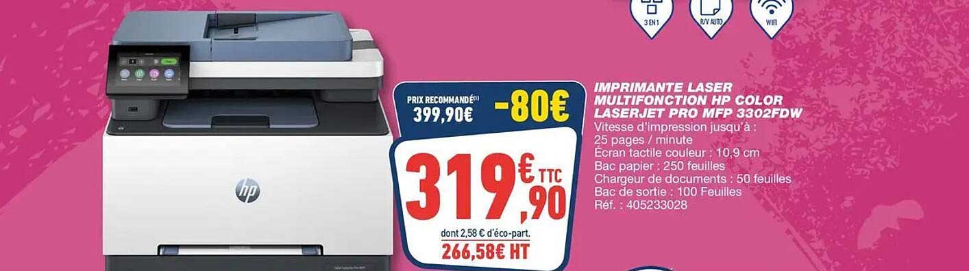 IMPRIMANTE LASER MULTIFONCTION HP COLOR LASERJET PRO MFP 3302FDW