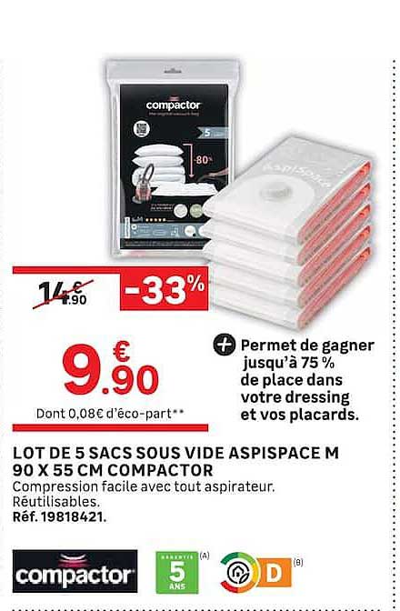 LOT DE 5 SACS SOUS VIDE ASPISPACE M 90 X 55 CM COMPACTOR