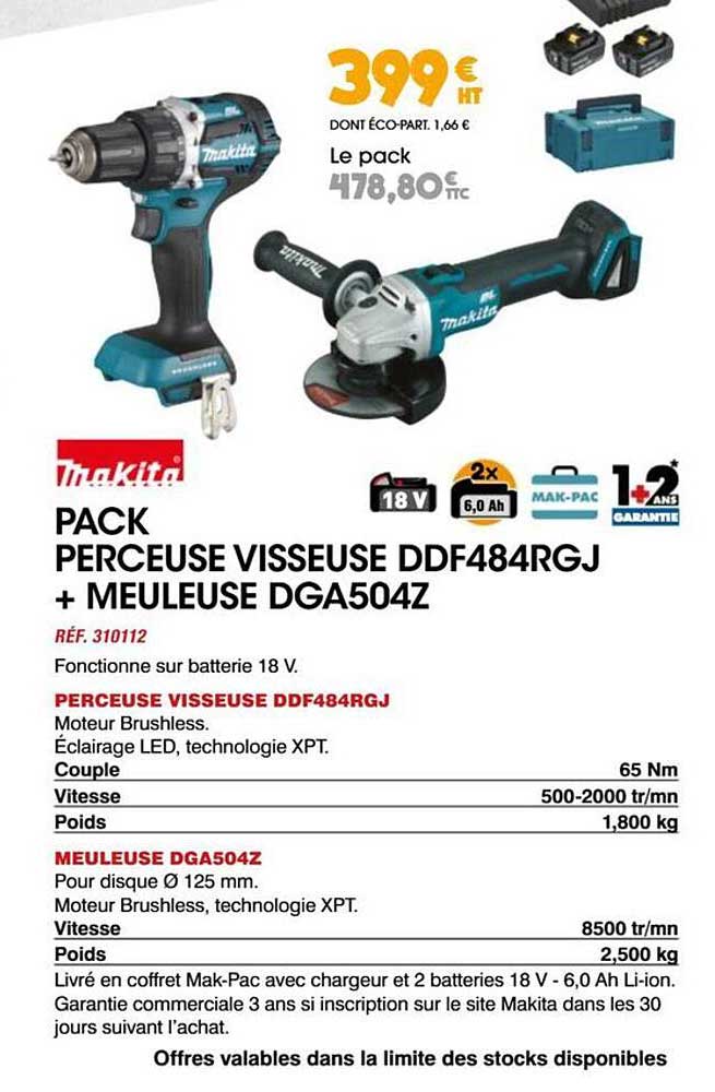 PACK PERCEUSE VISSEUSE DDF484RGJ + MEULEUSE DGA504Z