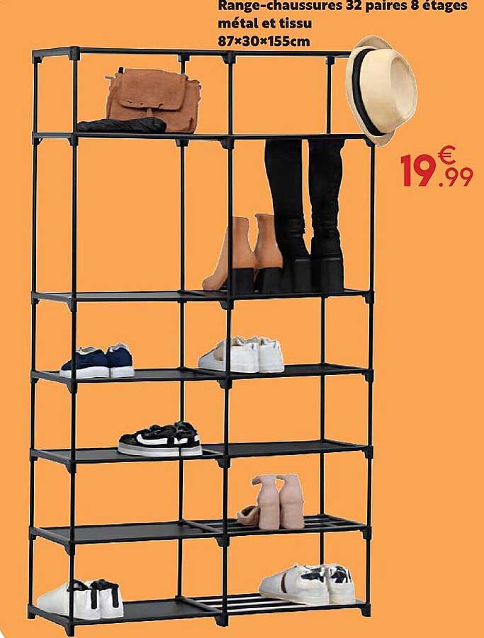 Range-chaussures 32 paires 8 étages métal et tissu 87×30×155cm