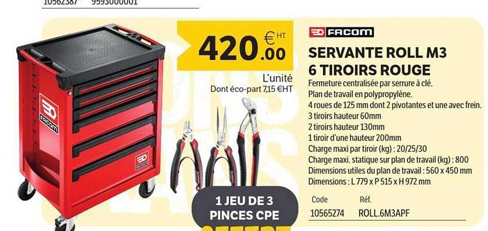 SERVANTE ROLL M3 6 TIROIRS ROUGE