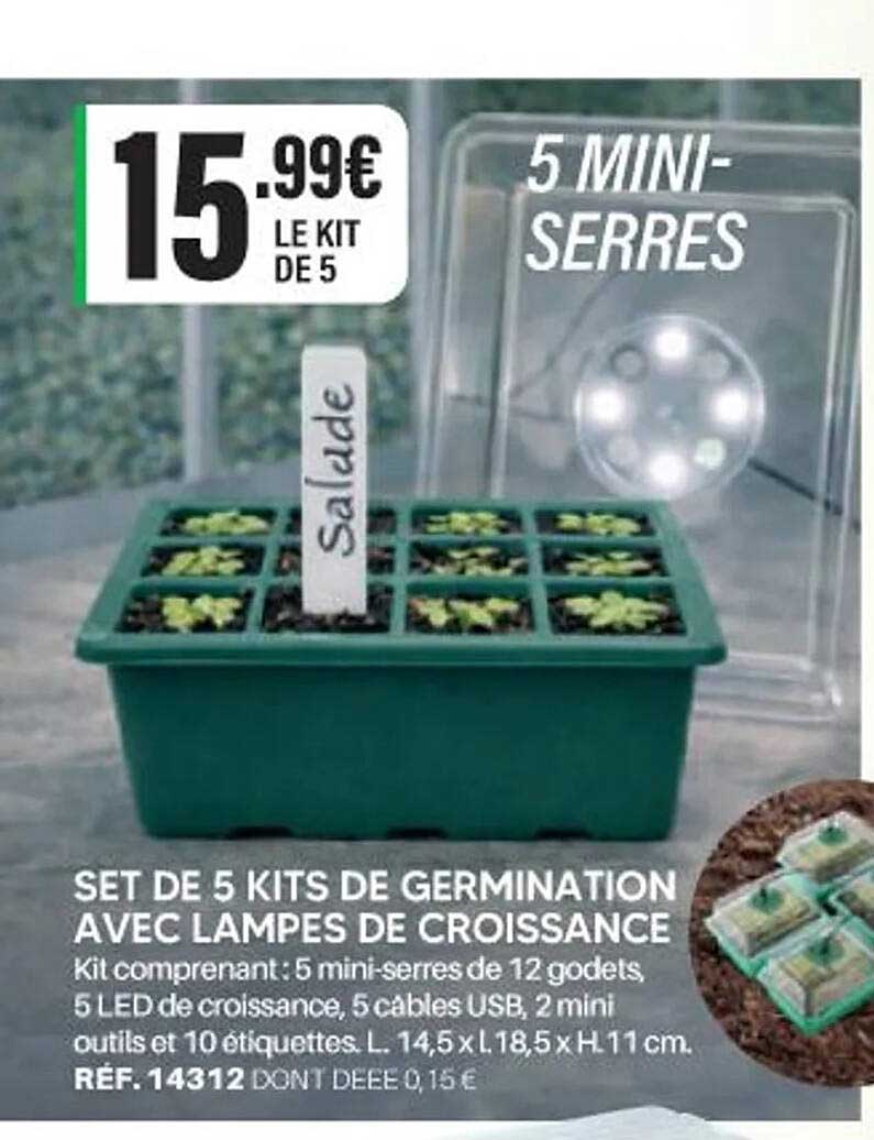 SET DE 5 KITS DE GERMINATION AVEC LAMPES DE CROISSANCE