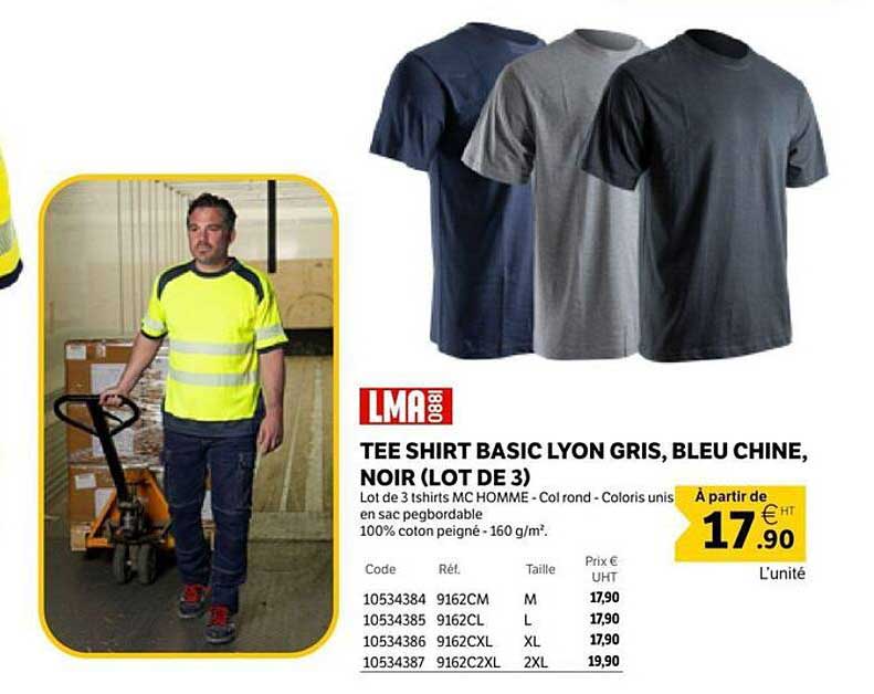 TEE SHIRT BASIC LYON GRIS, BLEU CHINE, NOIR (LOT DE 3)