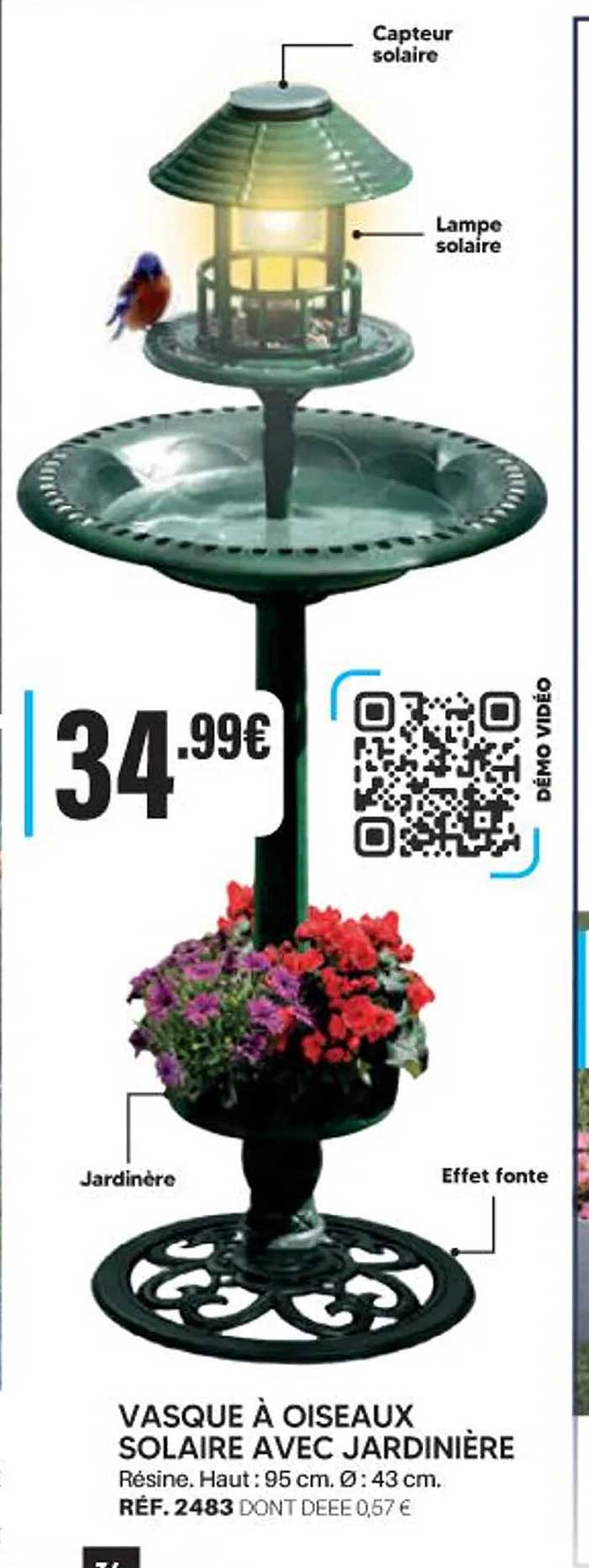 VASQUE À OISEAUX SOLAIRE AVEC JARDINIÈRE