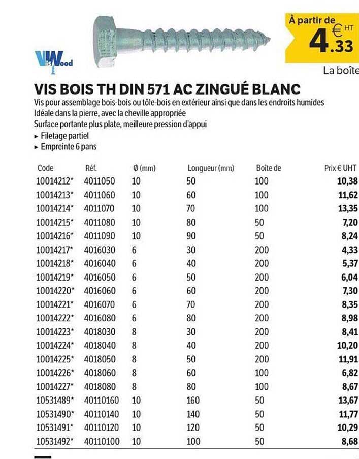 VIS BOIS TH DIN 571 AC ZINGUÉ BLANC