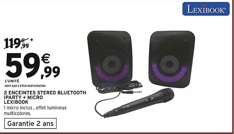 2 ENCEINTES STEREO BLUETOOTH IPARTY + MICRO LEXIBOOK