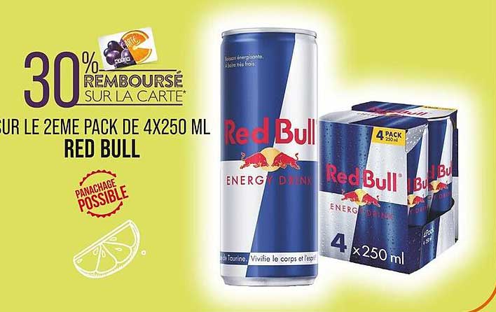 30% REMBOURSÉ SUR LA CARTE* SUR LE 2EME PACK DE 4X250 ML RED BULL