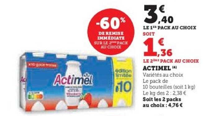 Actimel -60% de remise immédiate sur le 2ème pack au choix