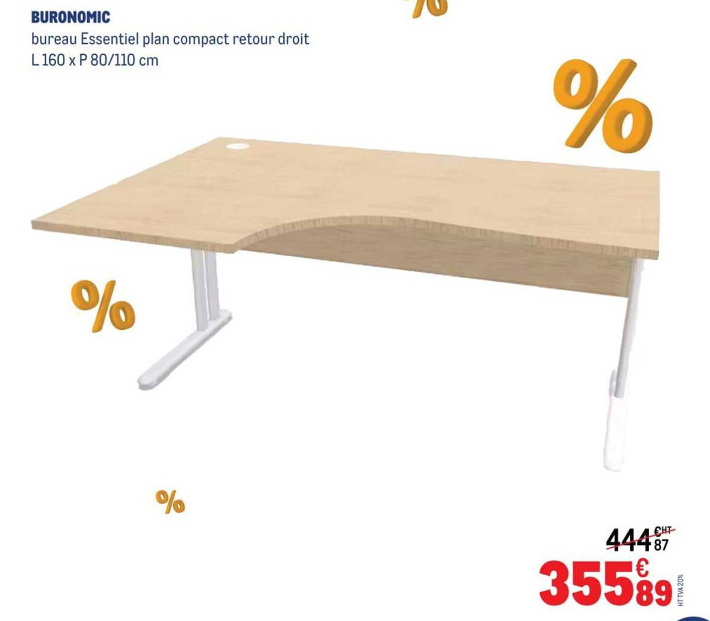 bureau Essentiel plan compact retour droit L 160 x P 80/110 cm
