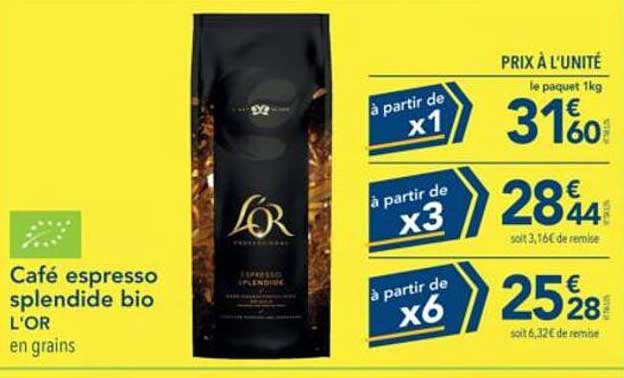 Café espresso splendide bio L'OR en grains