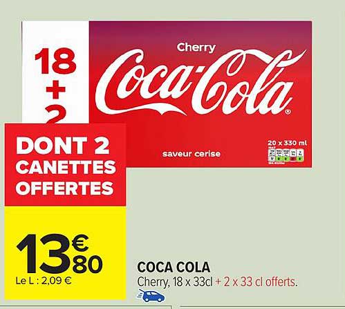Coca Cola Cherry, 18 x 33cl + 2 x 33cl offerts.