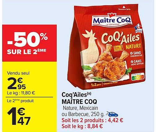 Coq'Ailes(n) MAÎTRE COQ Nature, Mexicain ou Barbecue, 250 g