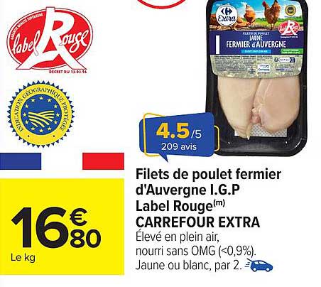 Filets de poulet fermier d'Auvergne I.G.P Label Rouge