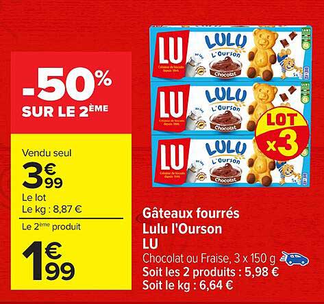 Gâteaux fourrés Lulu l'Ourson -50% sur le 2ème