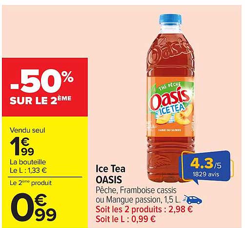 Ice Tea OASIS Pêche, Framboise cassis ou Mangue passion, 1,5 L