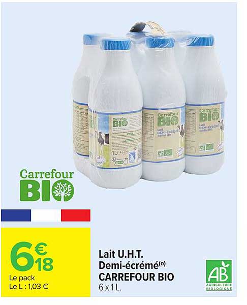 Lait U.H.T. Demi-écrémé CARREFOUR BIO 6 x 1L