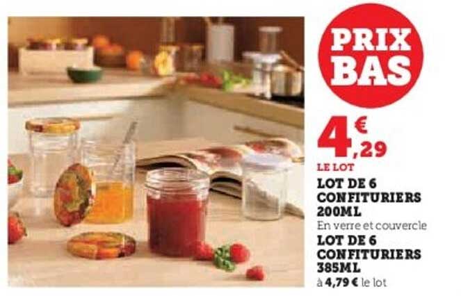 LOT DE 6 CONFITURIERS 200ML - En verre et couvercle