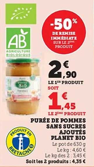 Purée de pommes sans sucres ajoutés Planet Bio