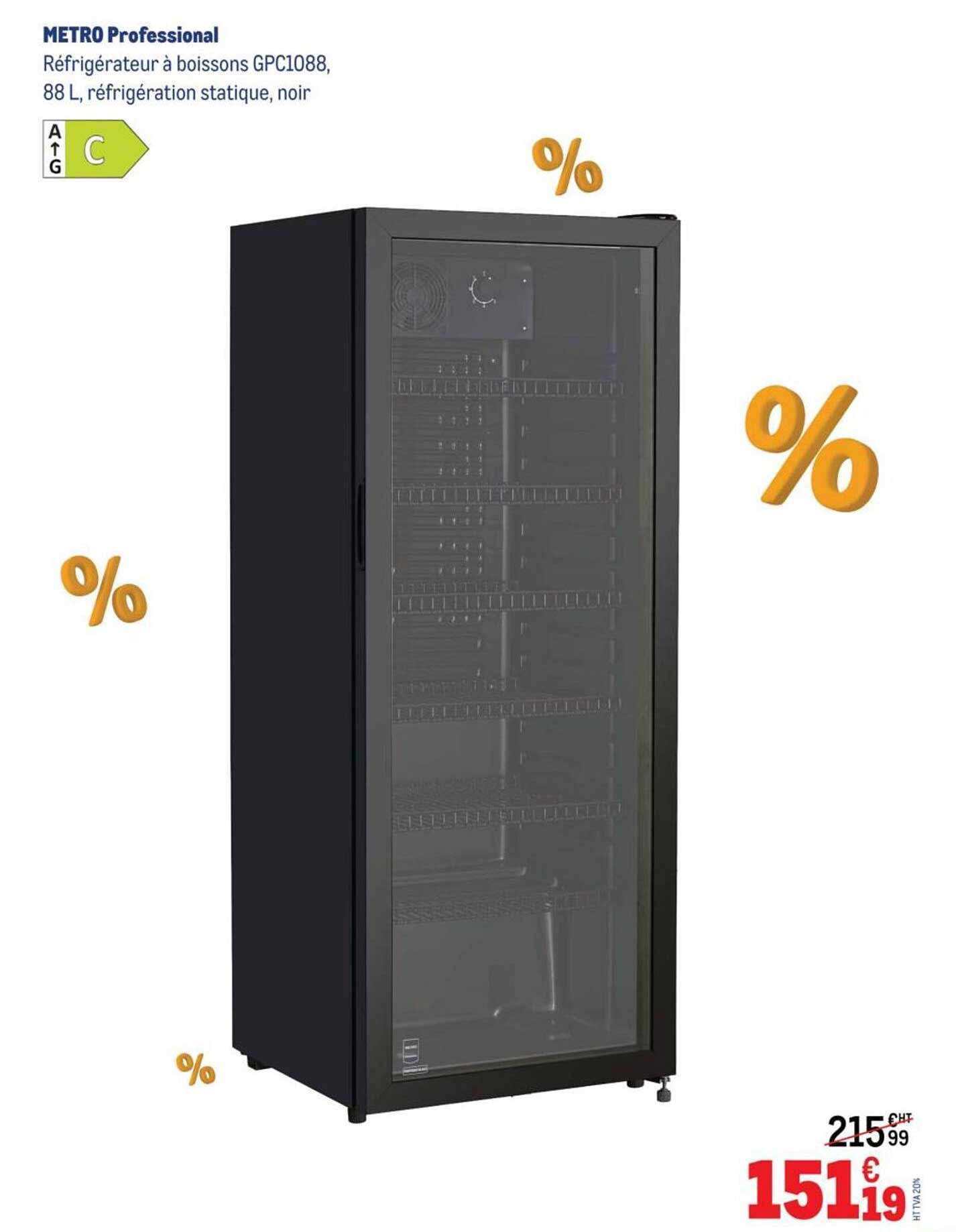 Réfrigérateur à boissons GPC1088, 88 L, réfrigération statique, noir