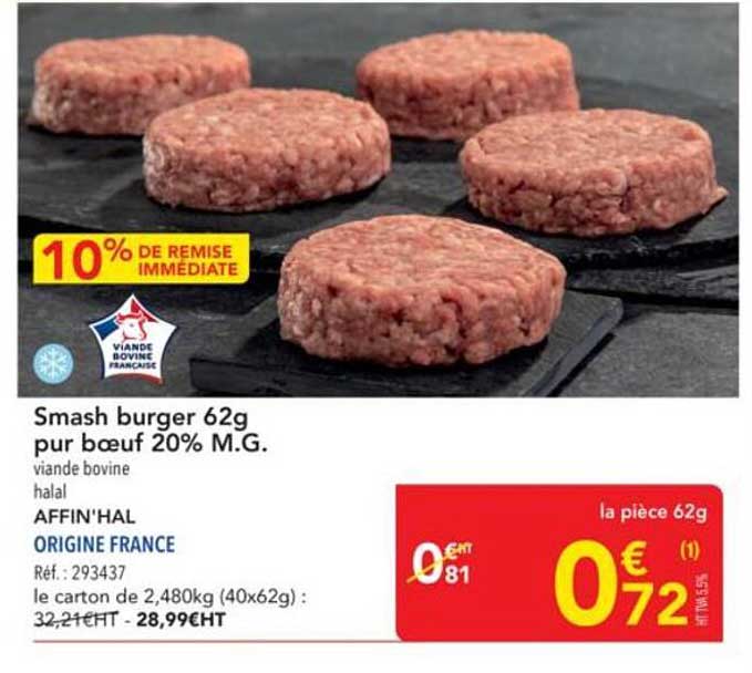 Smash burger 62g pur bœuf 20% M.G.