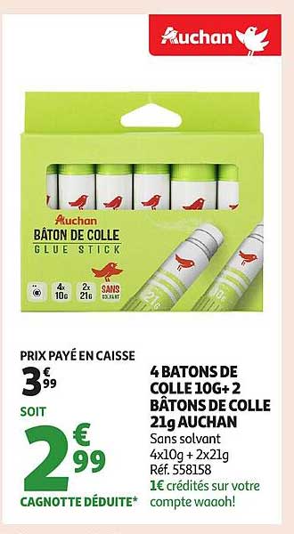 4 BÂTONS DE COLLE 10G+ 2 BÂTONS DE COLLE 21G AUCHAN