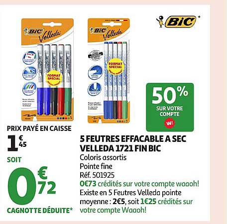 5 FEUTRES EFFAÇABLE A SEC VELLEDA 1721 FIN BIC