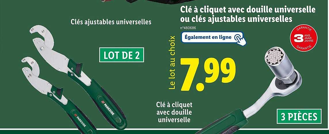 Clé à cliquet avec douille universelle ou clés ajustables universelles