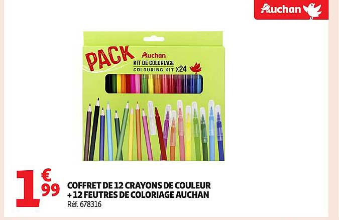 COFFRET DE 12 CRAYONS DE COULEUR + 12 FEUTRES DE COLORIAGE AUCHAN