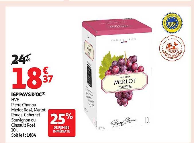 IGP PAYS D'OC HVE Pierre Chanau Merlot Rosé, Merlot Rouge, Cabernet Sauvignon ou Cinsault Rosé 10 L