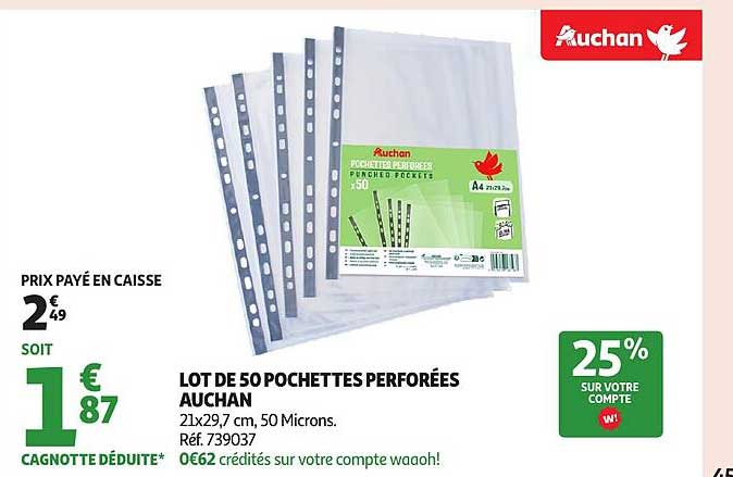 LOT DE 50 POCHETTES PERFORÉES AUCHAN
