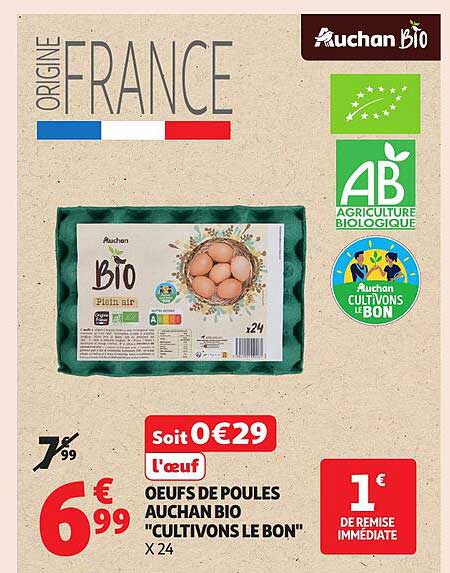 OEUFS DE POULES AUCHAN BIO "CULTIVONS LE BON" X 24