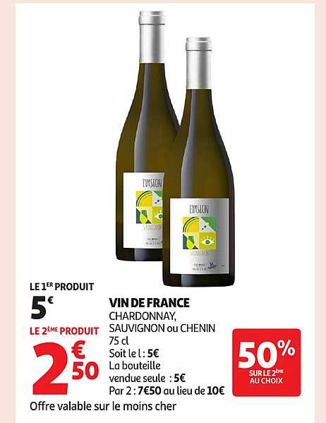 VIN DE FRANCE CHARDONNAY, SAUVIGNON ou CHENIN 75 cl