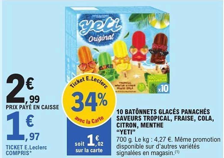 10 BATÔNETS GLACÉS PANACHÉS SAVEURS TROPICAL, FRAISE, COLA, CITRON, MENTHE “YETI”