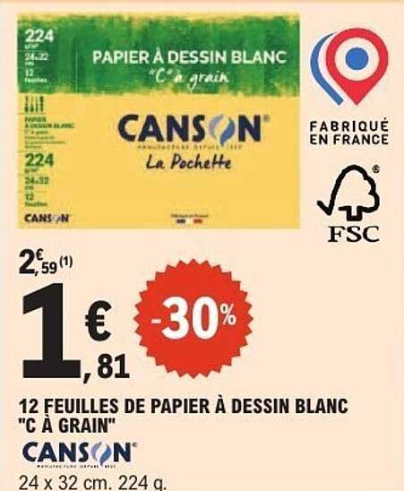 12 FEUILLES DE PAPIER À DESSIN BLANC "C.A GRAIN" CANSO'N 24 x 32 cm. 224 g.