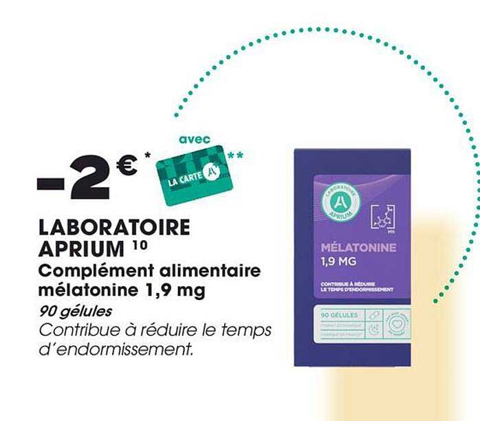 -2 € avec la carte Laboratoire Aprium Complément alimentaire mélatonine 1,9 mg 90 gélules
