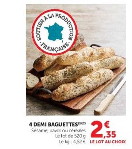 4 DEMI BAGUETTES Sésame, pavot ou céréales