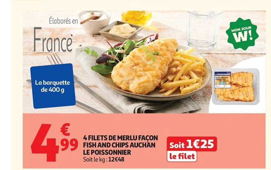 4 FILETS DE MERLU FAÇON FISH AND CHIPS AUCHAN LE POISSONNIER