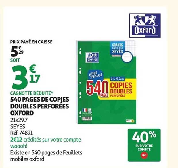 540 PAGES DE COPIES DOUBLES PERFORÉES OXFORD