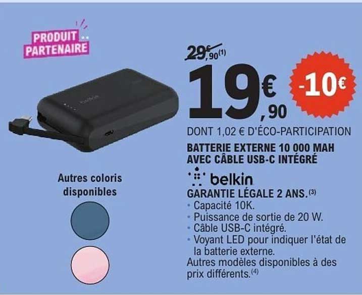 BATTERIE EXTERNE 10 000 MAH AVEC CÂBLE USB-C INTÉGRÉ