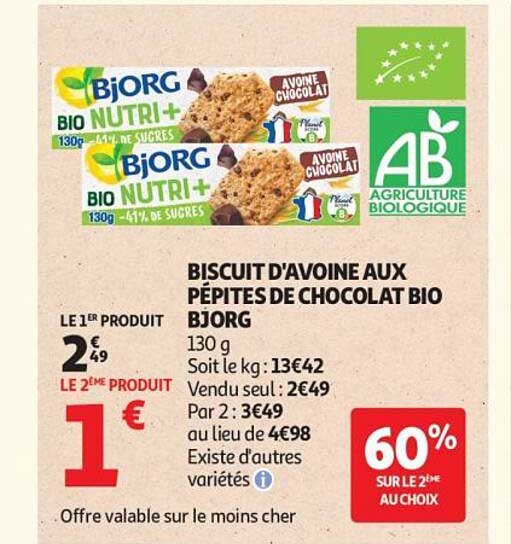 BISCUIT D'AVOINE AUX PÉPITES DE CHOCOLAT BIO BJORG