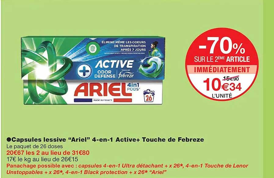 Capsules lessive “Ariel” 4-en-1 Active+ Touche de Febreze