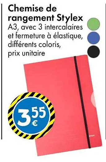 Chemise de rangement Stylex A3, avec 3 intercalaires et fermeture à élastique, différents coloris, prix unitaire