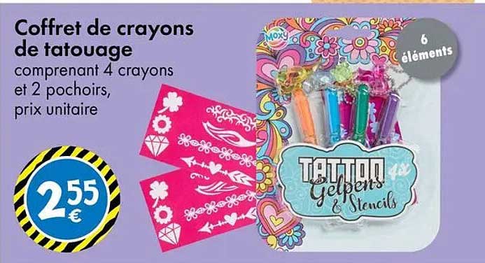 Coffret de crayons de tatouage comprenant 4 crayons et 2 pochoirs, prix unitaire