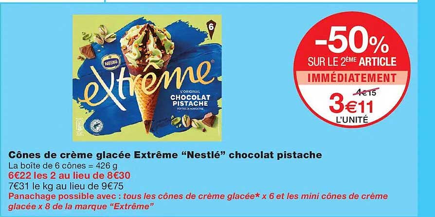 Cônes de crème glacée Extrême “Nestlé” chocolat pistache