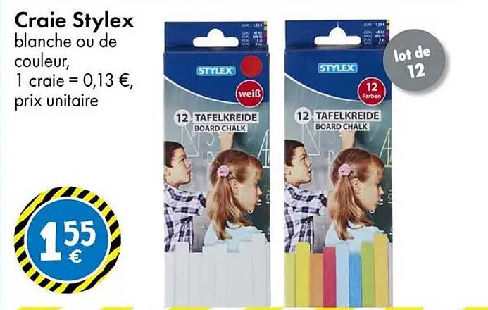 Craie Stylex blanche ou de couleur, 1 craie = 0,13 €, prix unitaire