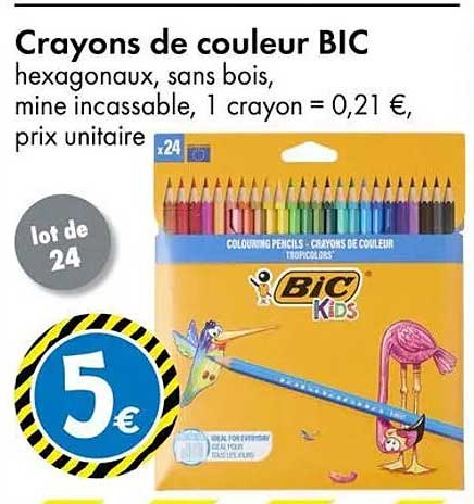 Crayons de couleur BIC hexagonaux, sans bois, mine incassable, 1 crayon = 0,21 €, prix unitaire