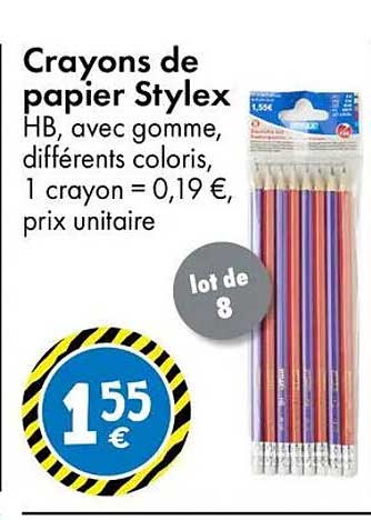 Crayons de papier Stylex HB, avec gomme, différents coloris, 1 crayon = 0,19 €, prix unitaire