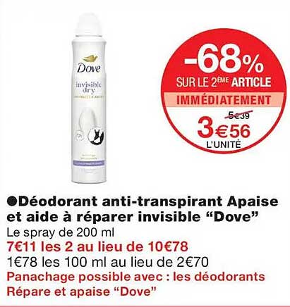 Déodorant anti-transpirant Apaise et aide à réparer invisible “Dove”