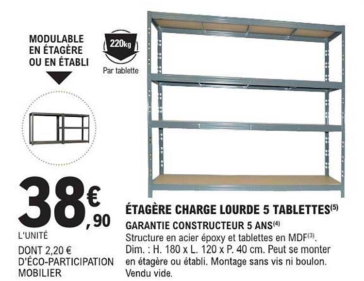 ÉTAGÈRE CHARGE LOURDE 5 TABLETTES