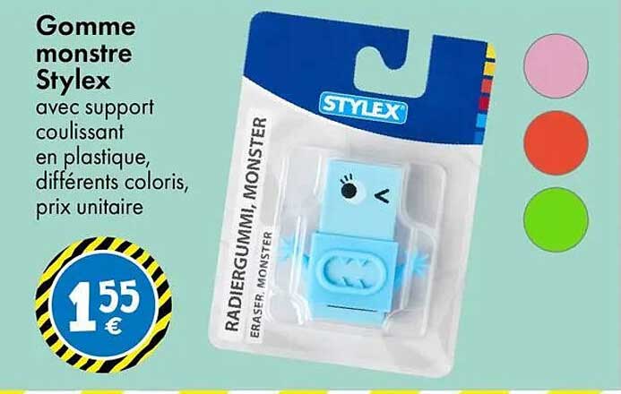 Gomme monstre Stylex avec support coulissant en plastique, différents coloris, prix unitaire